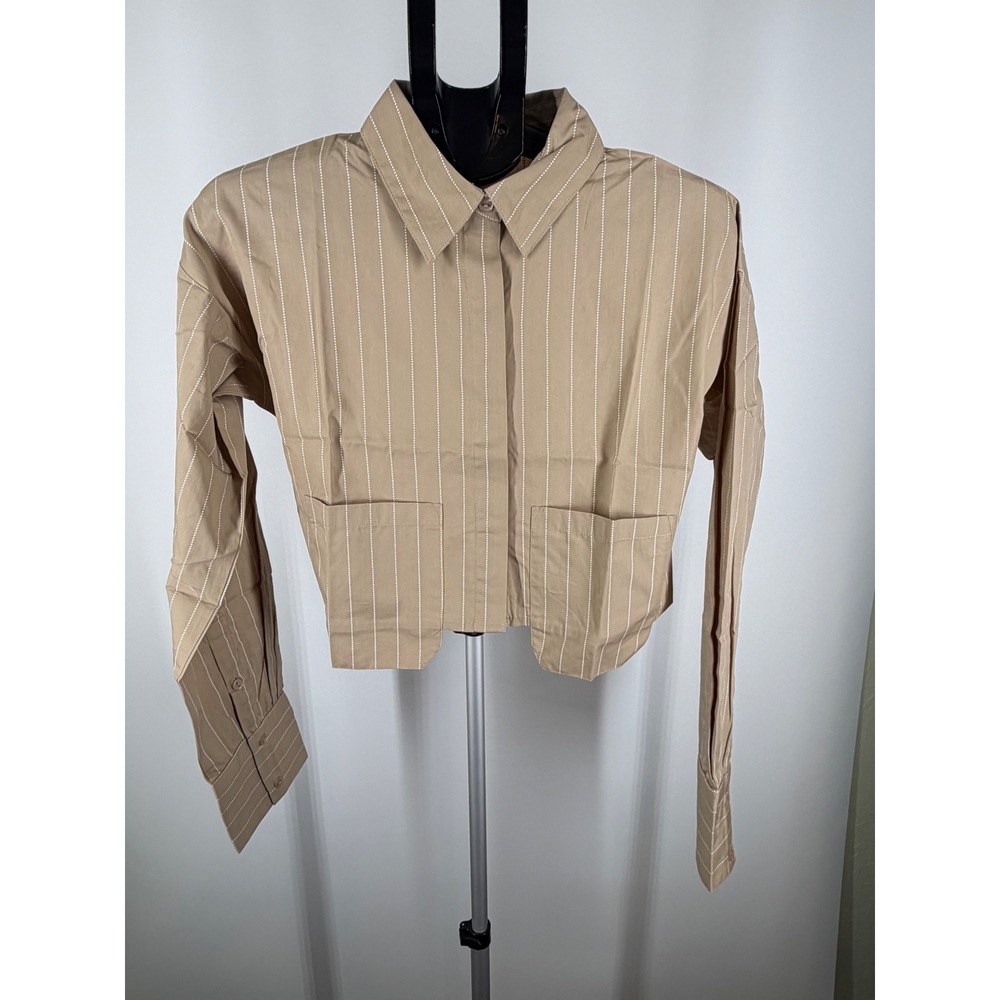 PrettyLittleThing Stone Poplin Pinstripe Pocket Cropped Shirt Tan‎ US 6 NEW